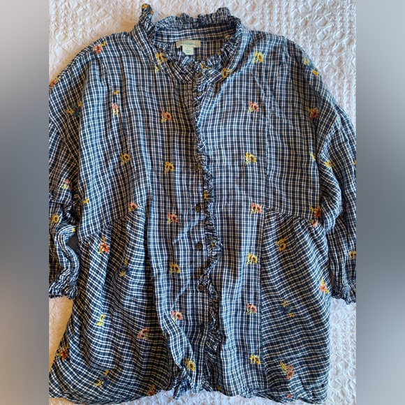Sundance Tops - Sundance Navy Checkered Blouse with Floral Accents